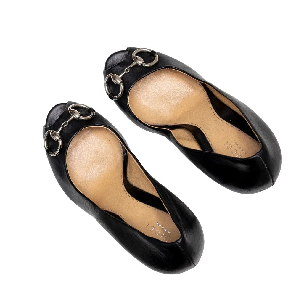 Gucci Black Leather Horsebit Peep Toe Platform Pumps Stiletto Heels EU 38.5 US 8